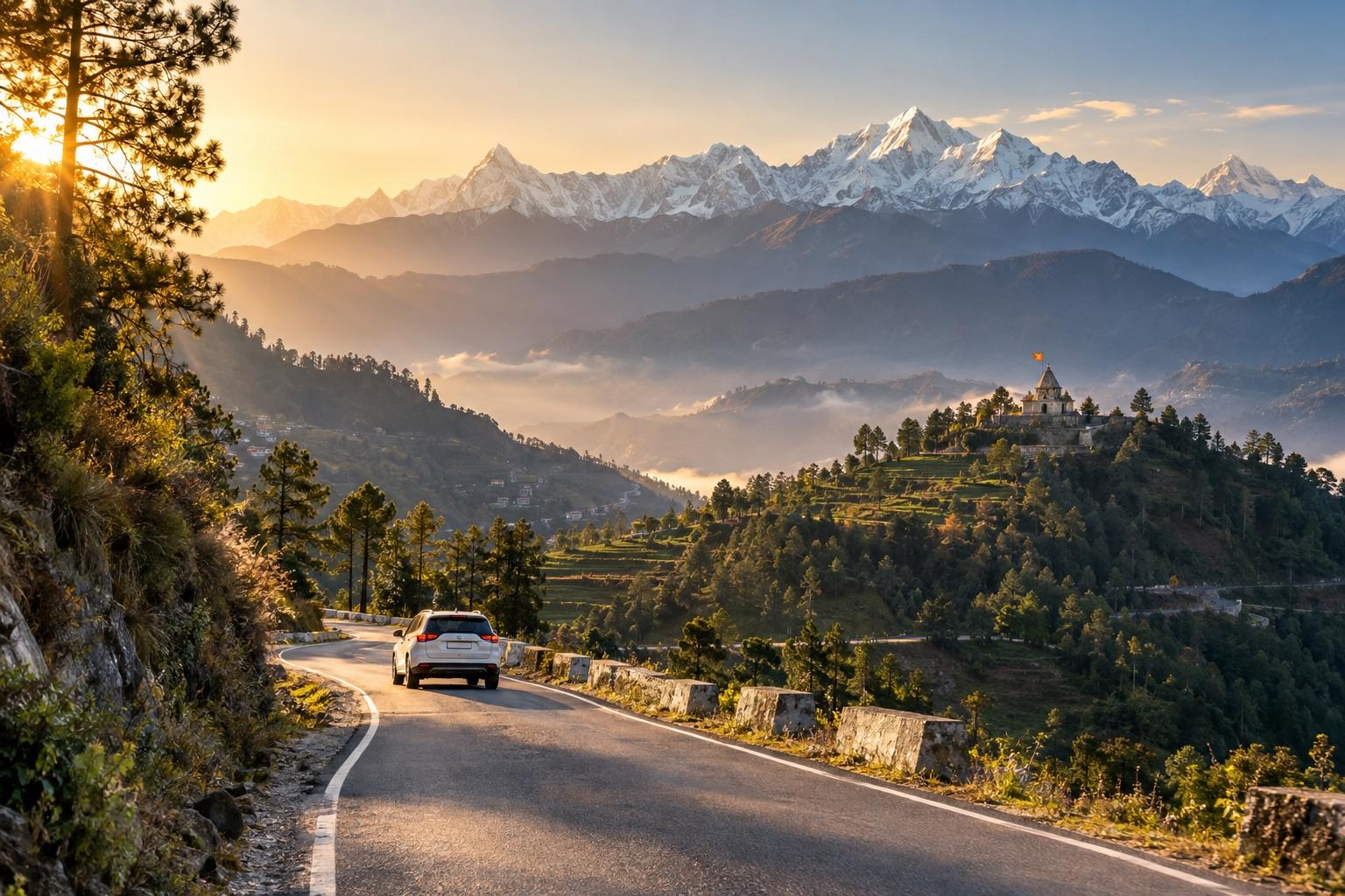 A mountain road in the Himalayas at sunrise, a small temple on the ridge